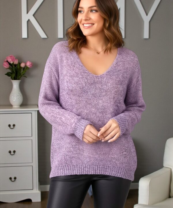 KIMY Дамски пуловер с V образно деколте лилави нюанси